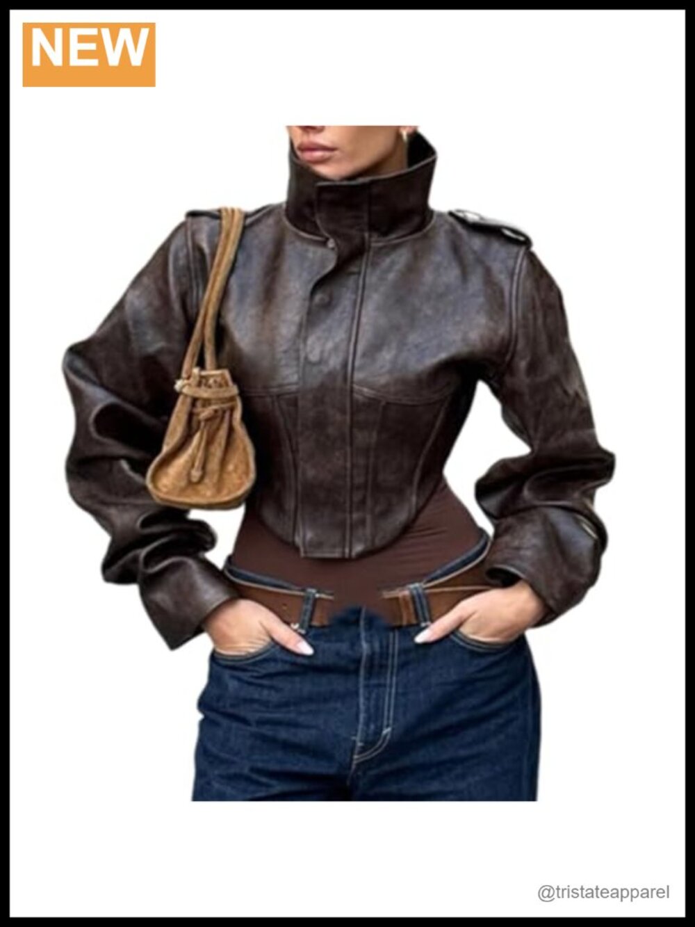 Womens Faux Leather Jacket High Neck Cropped Long Sleeve Street Style Zipper